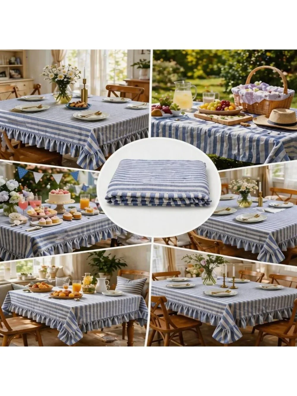 Light Blue Striped Ruffled Tablecloth 60x120 Inch, Gingham Style for Dining